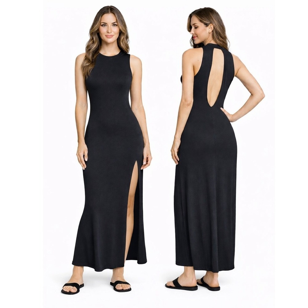 Hearts Black Sleeveless Mock Neck Side Slit‎ Maxi Dress Size Large